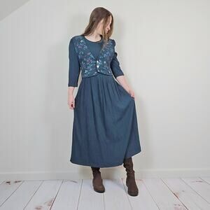 Vintage 80s Gingham Floral Midi Dress Green Navy Medium
